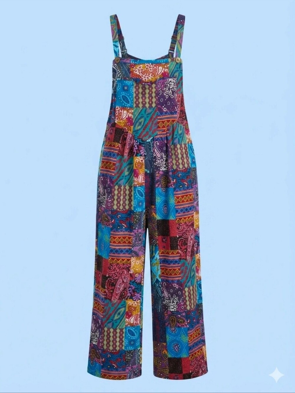 🌈 Boho Patchwork Print Wide-Leg Overalls – Jumpsuit
